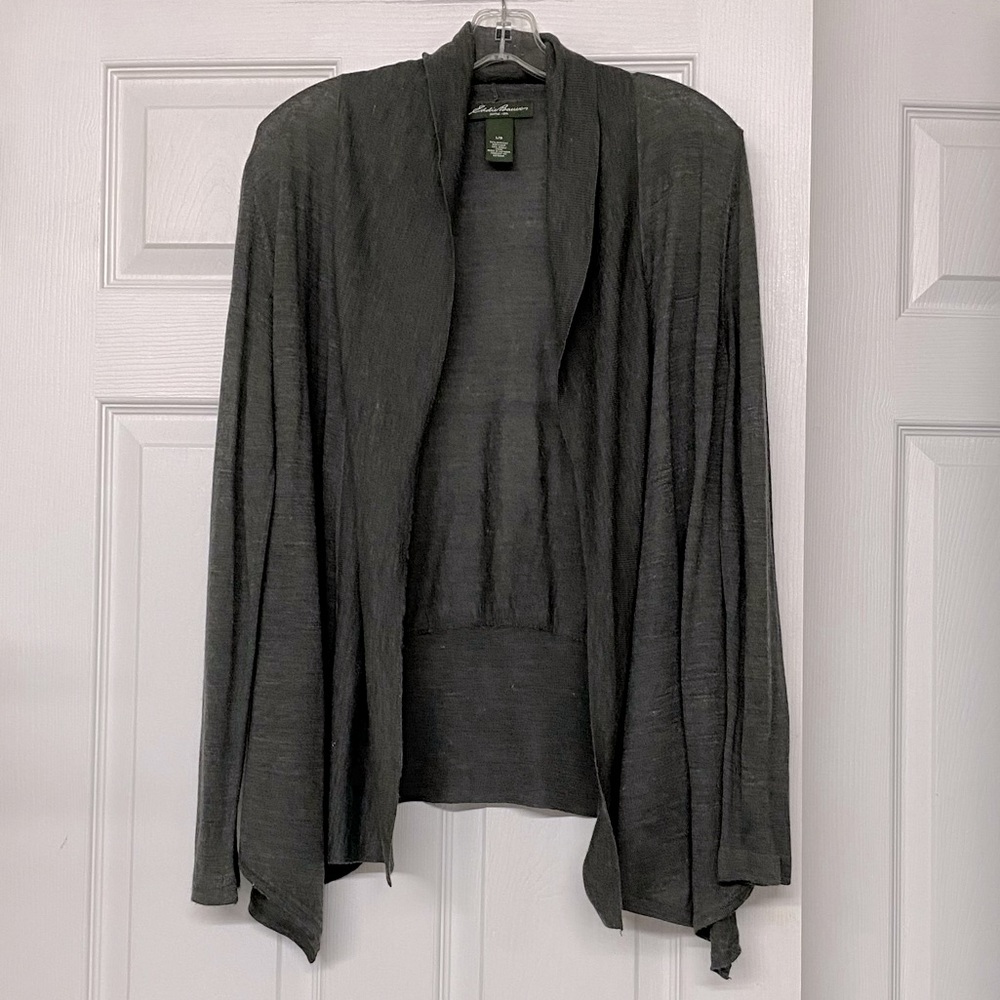 Eddie Bauer Lightweight Open Cardigan Wool Blend Sweater Gray Sz L